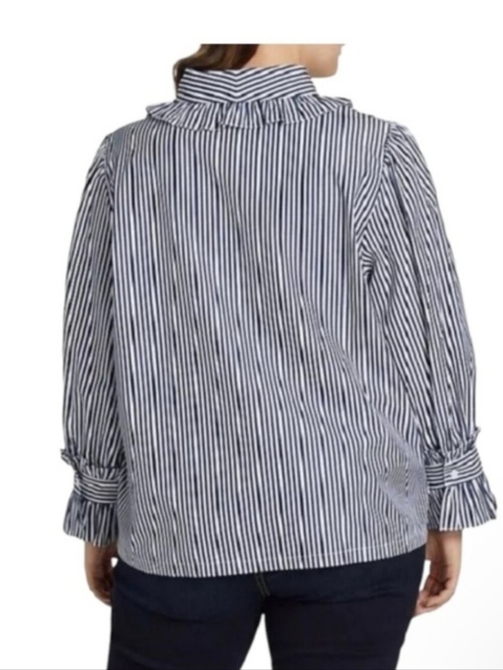 HARSHMAN Fuella ruffle-trim collar Sleeve shirt Blouse White Navy Blue STRIPE 1x